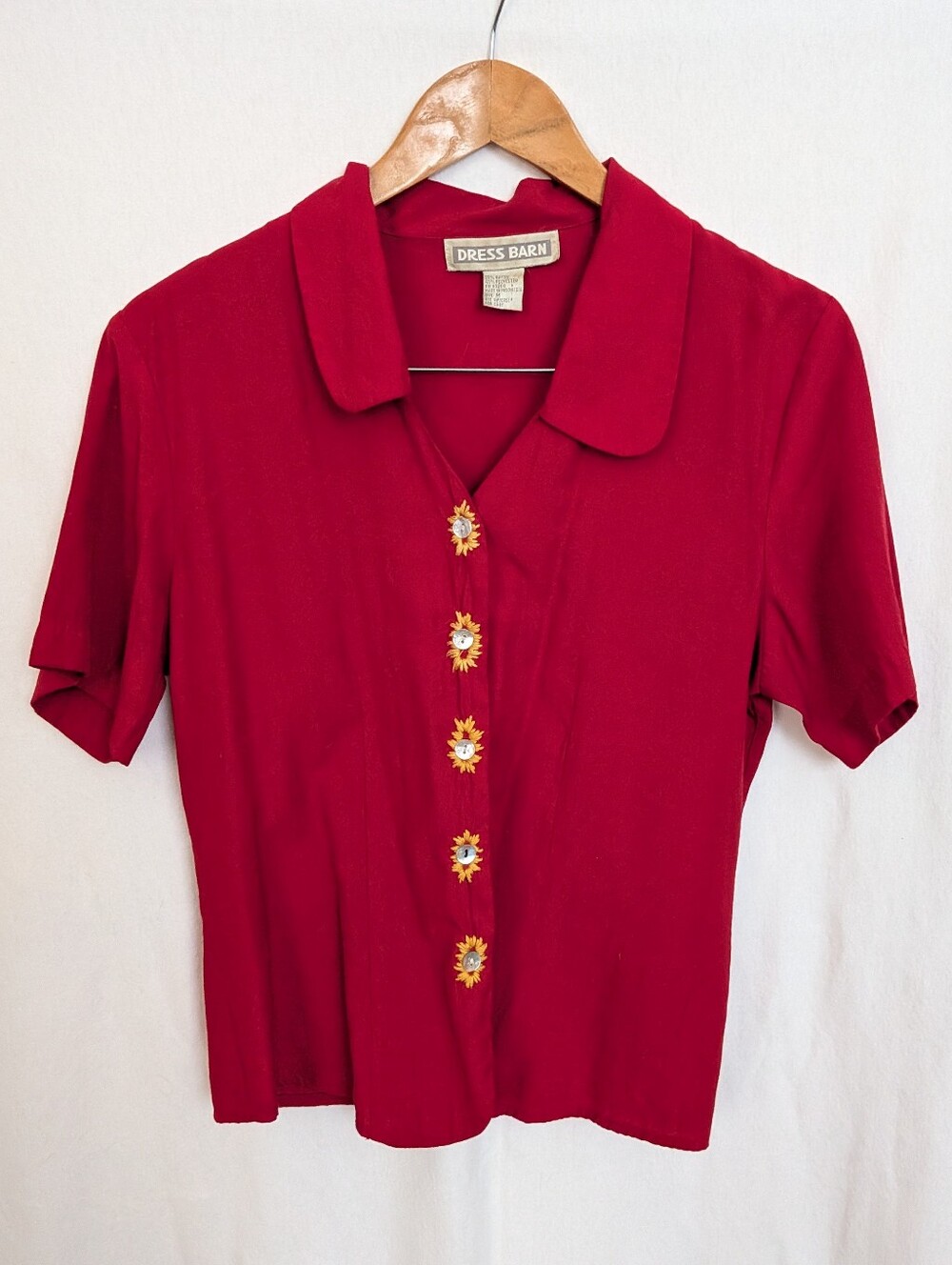 Vintage Embroidered Red Short-Sleeve Button Front Top